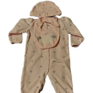 0 to 3 M Girl Pink Snowflake Suit Set with Bib and Hat